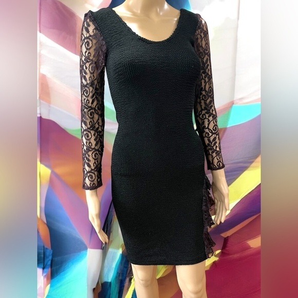 True vintage 80’e STEPPIN' OUT bodycon black spandex waffle stretch Party Dress - Picture 3 of 11